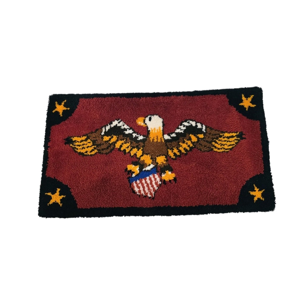 Vintage Completed Latch Hook Rug Americana Bald Eagle Shield Stars Shag 1970s